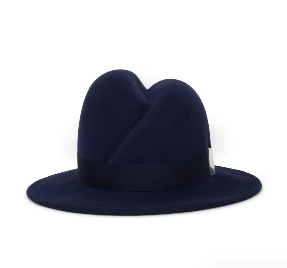 Navy blue fedora hat on a white background