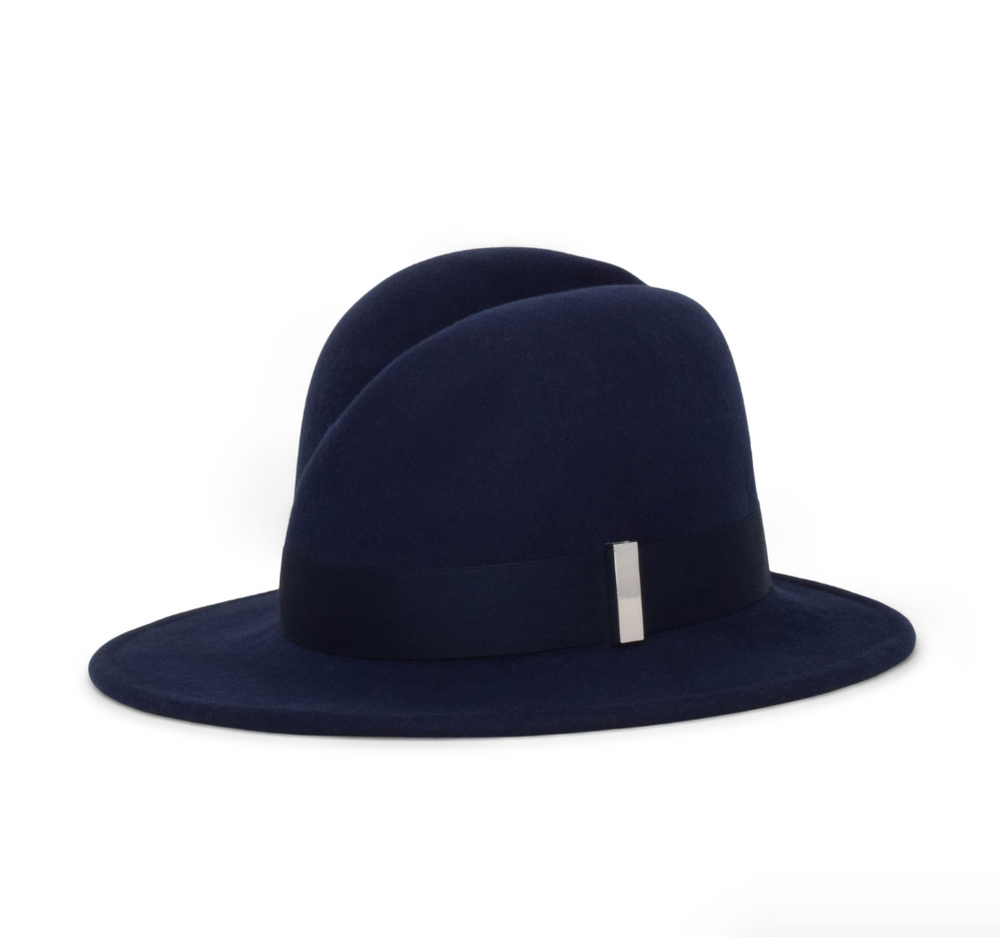 Navy blue fedora hat on a white background