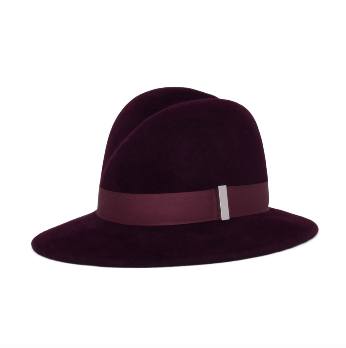 Purple fedora hat with a wide brim and a matching band on a white background