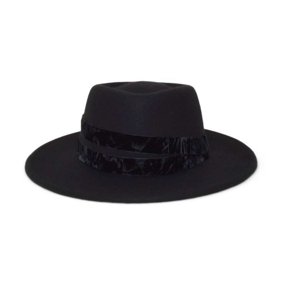 Black flat-brimmed fedora hat with decorative band 