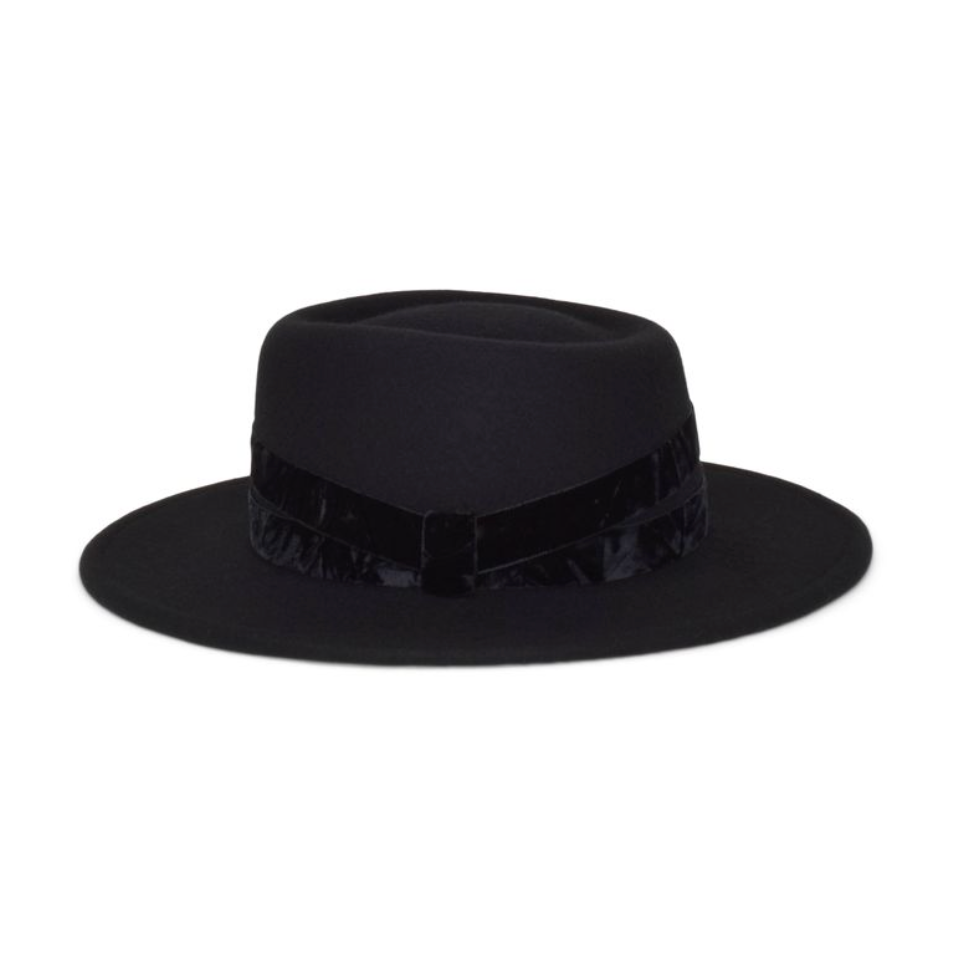 Black fedora hat with a wide brim on a white background