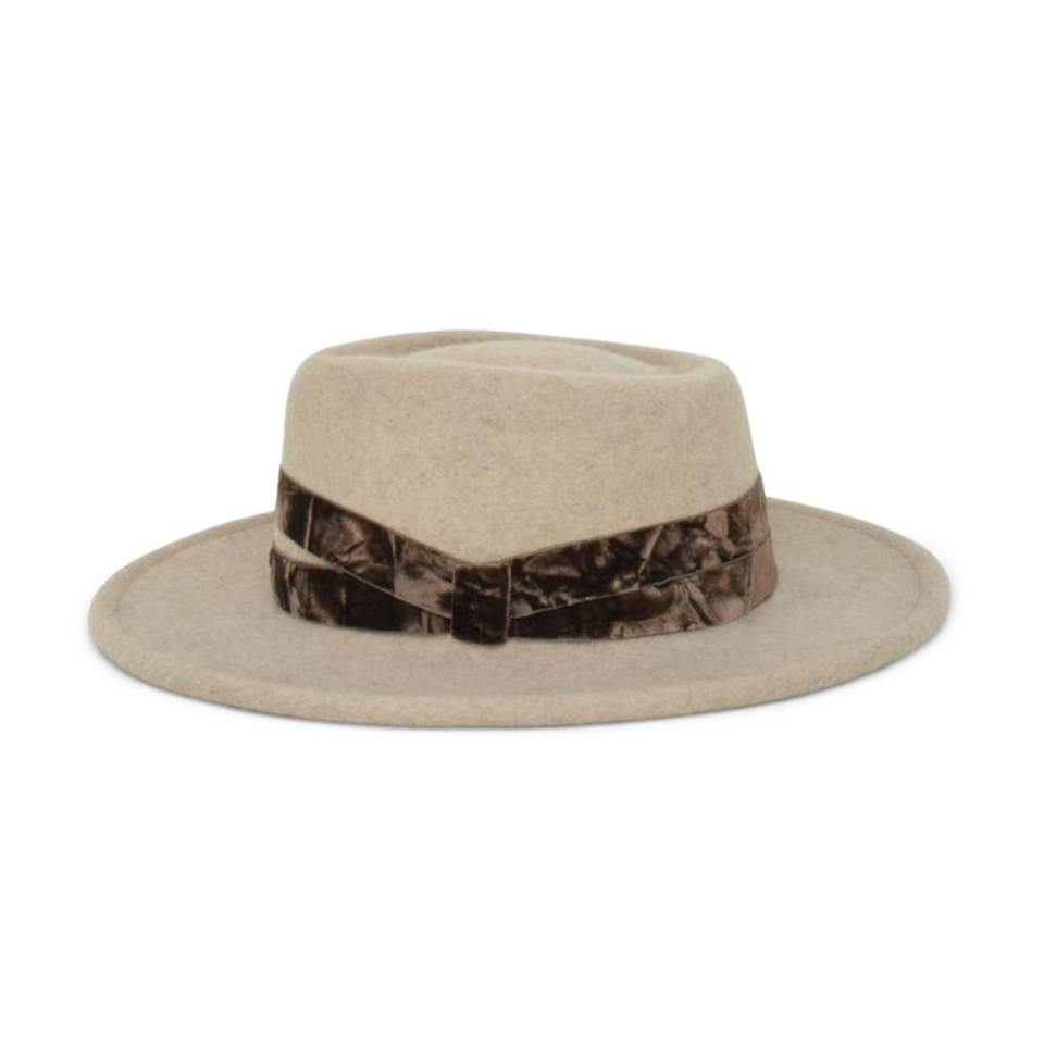 Beige hat with a camouflage band on a white background