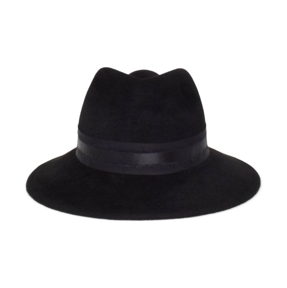 Black fedora hat with a wide brim on a white background