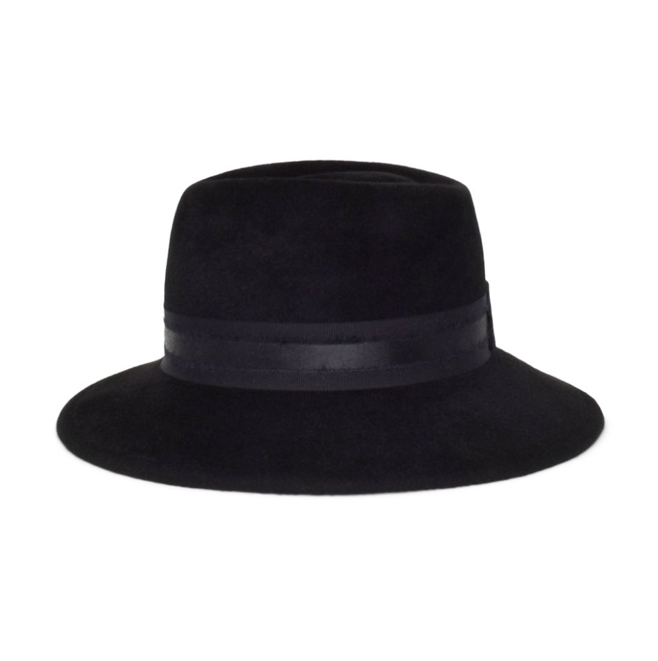 Black fedora hat with a wide brim on a white background