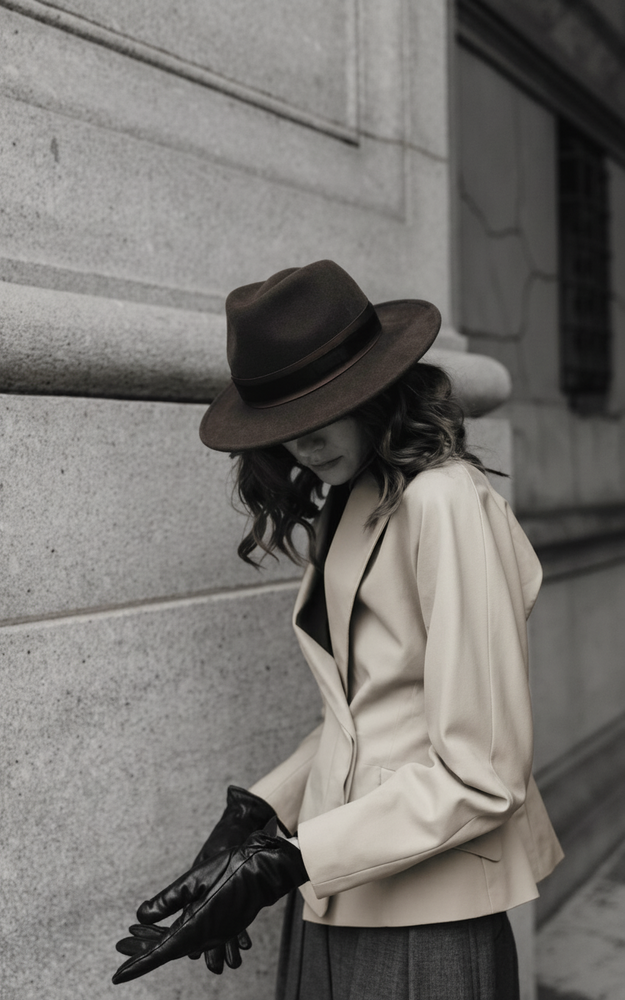 Woman wearing a beige coat, black hat, and gloves against a stone wall.