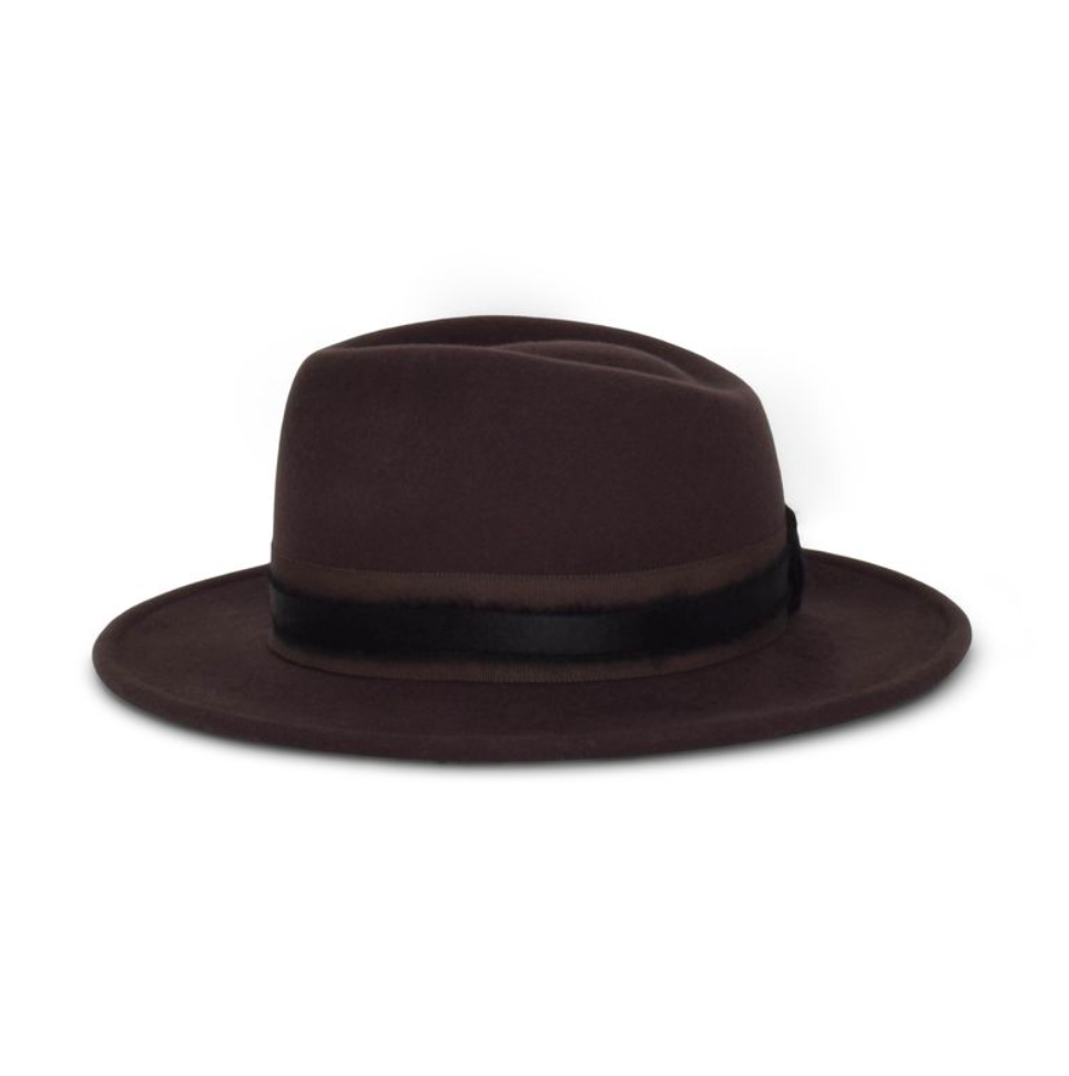 Brown fedora hat with a black band on a white background