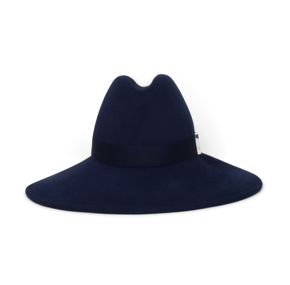 Navy blue wide-brimmed hat on a white background