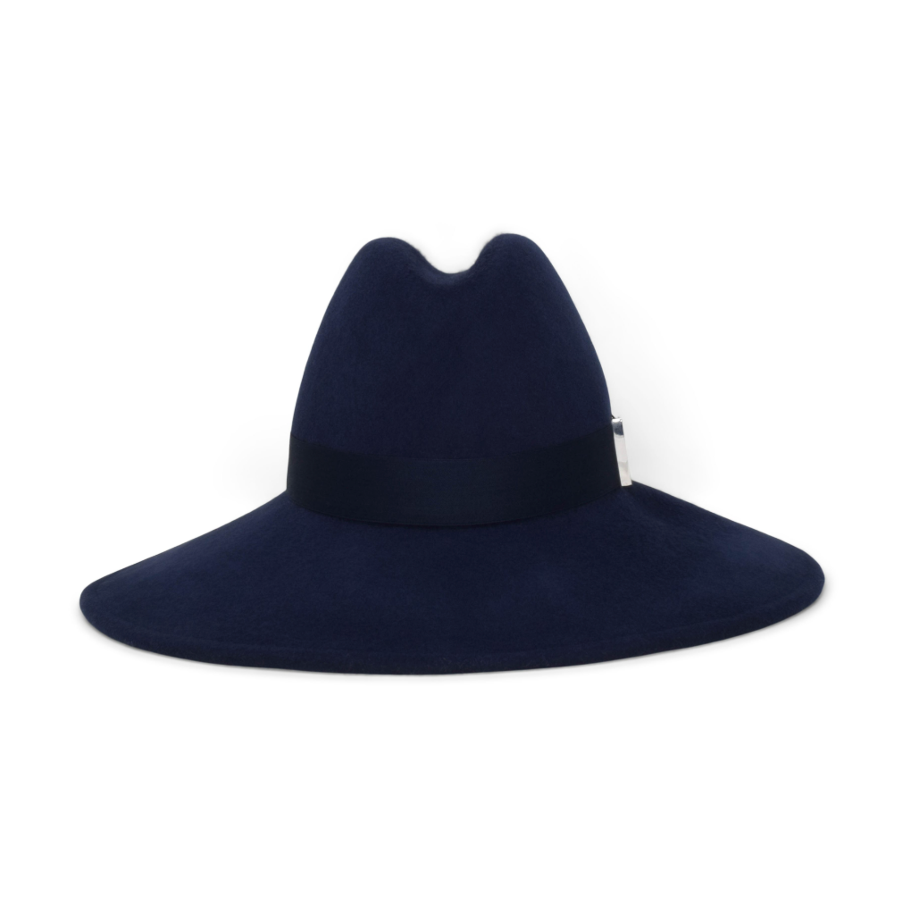 Navy blue wide-brimmed hat on a white background