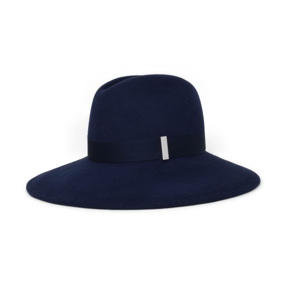 Navy blue wide-brimmed hat on a white background