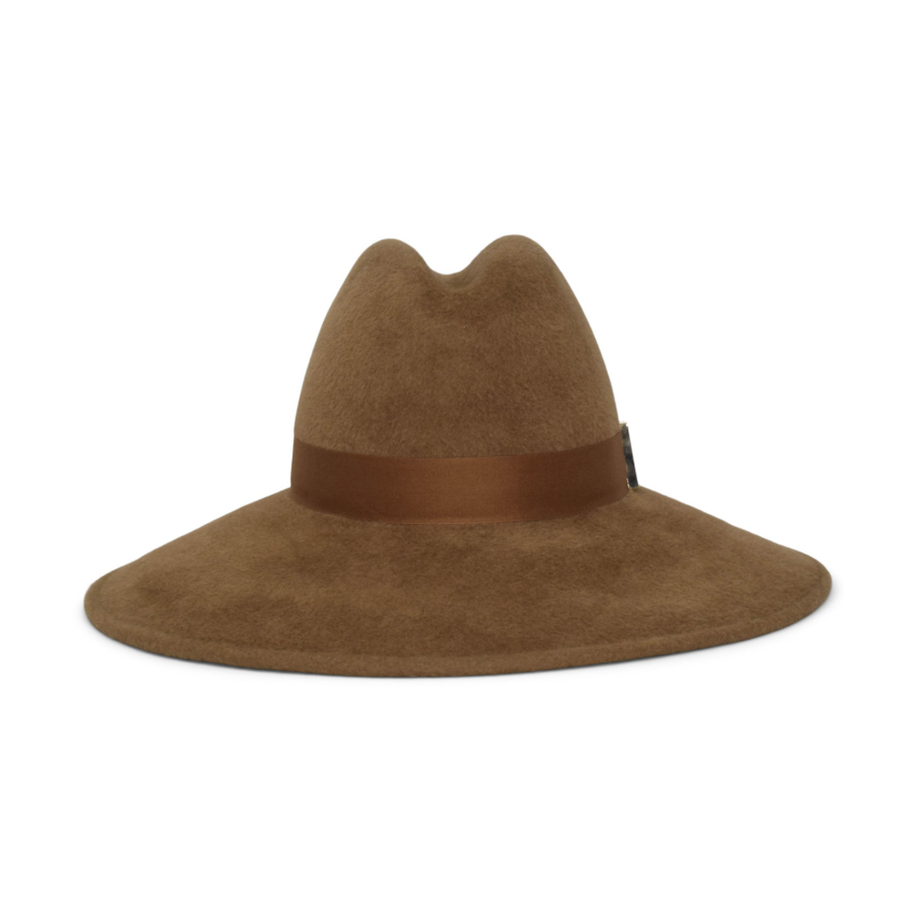 Brown wide-brimmed hat with a brown band on a white background