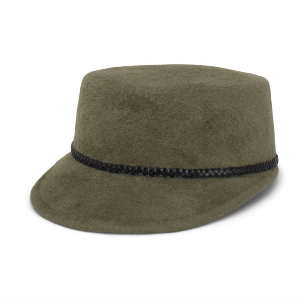 Green felt hat with a black band on a white background