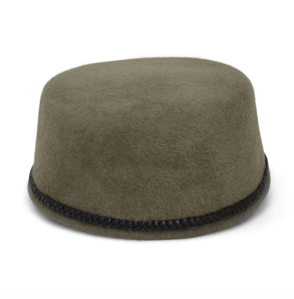 Green felt hat with a black band on a white background