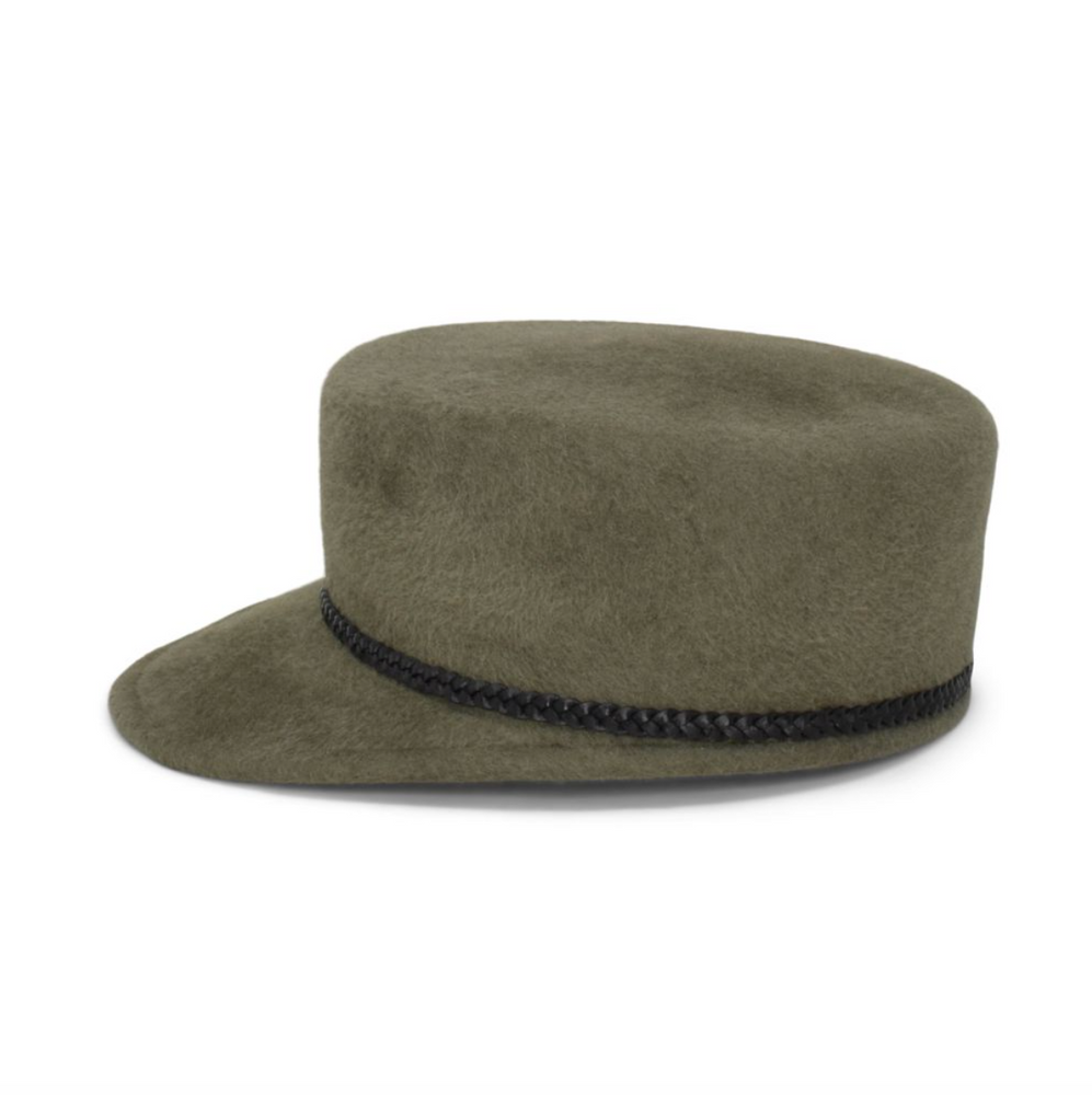 Green hat with a black band on a white background