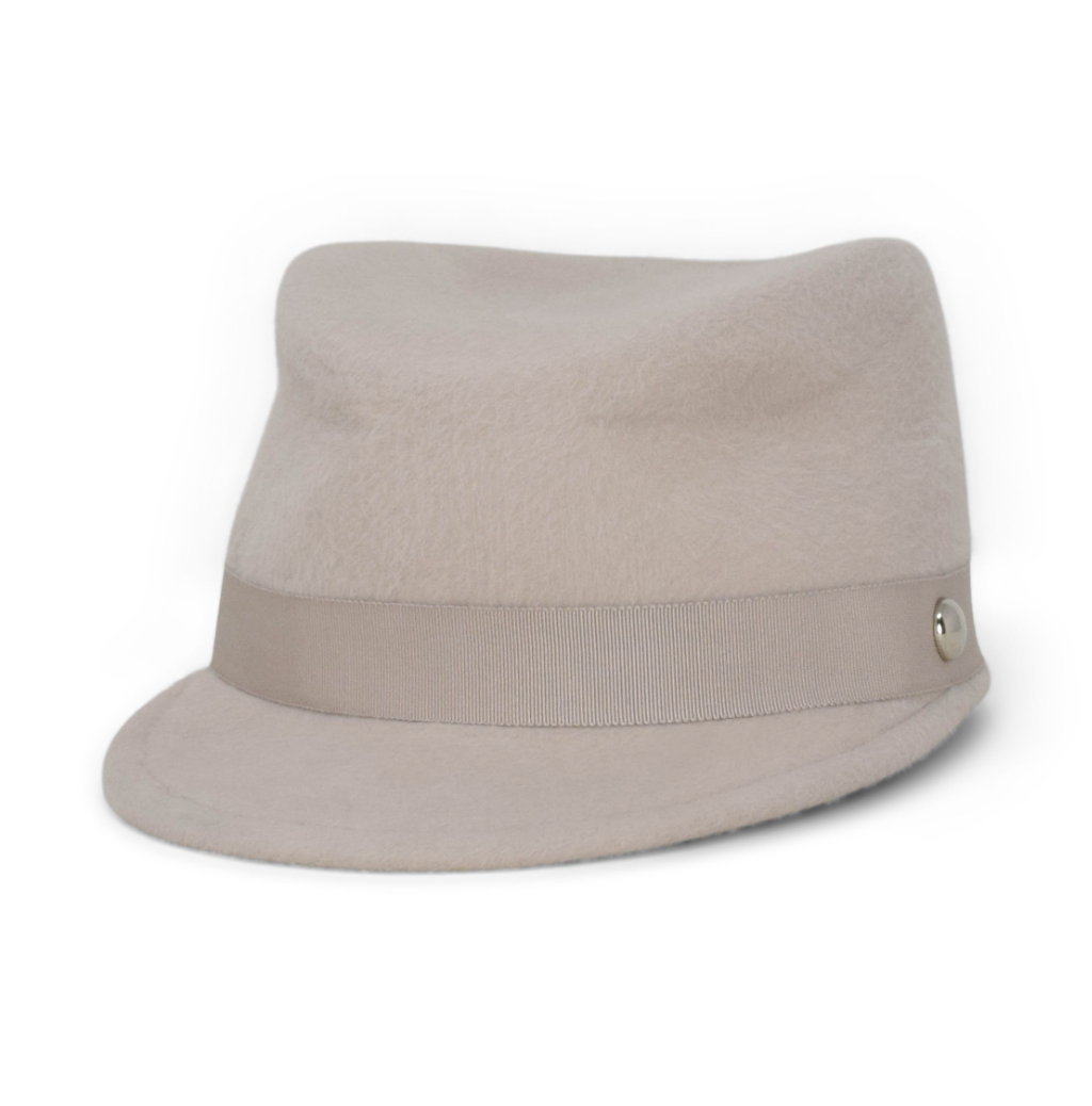 Beige fedora hat with a band on a white background