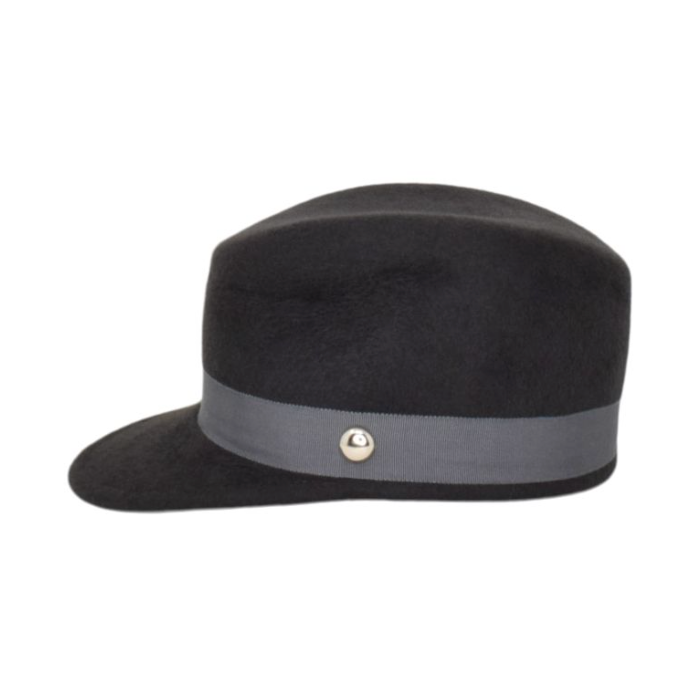Black hat with a gray band and pearl button on a white background