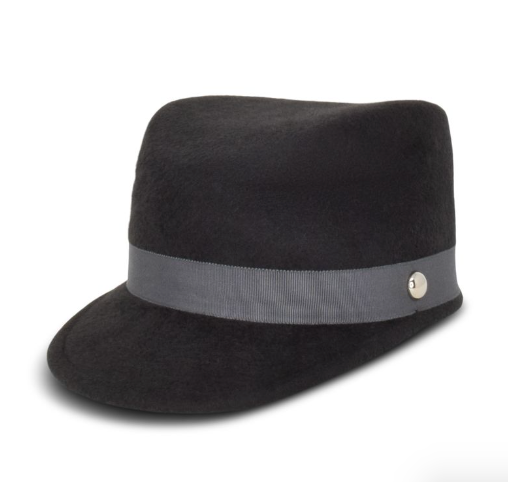 Black fedora hat with a gray band and silver button on a white background