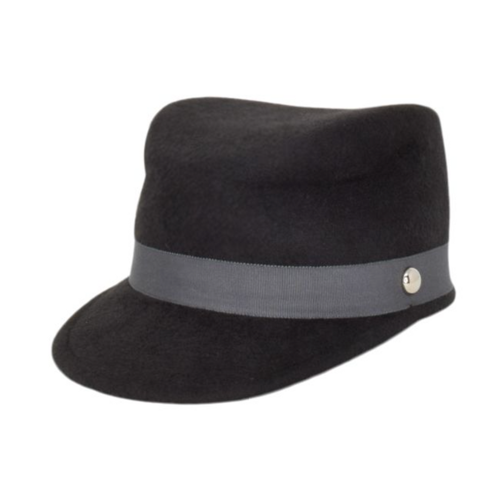 Black fedora hat with a gray band on a white background