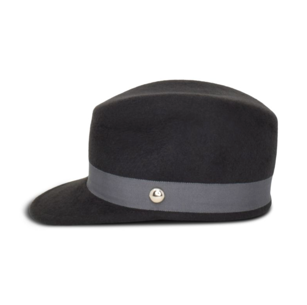 Black fedora hat with a gray band and silver button on a white background