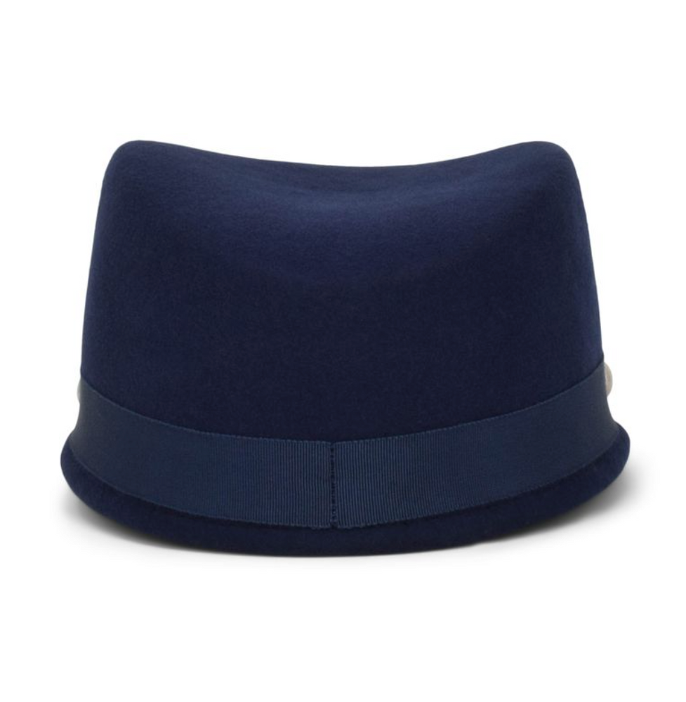 Navy blue fedora hat with a band on a white background