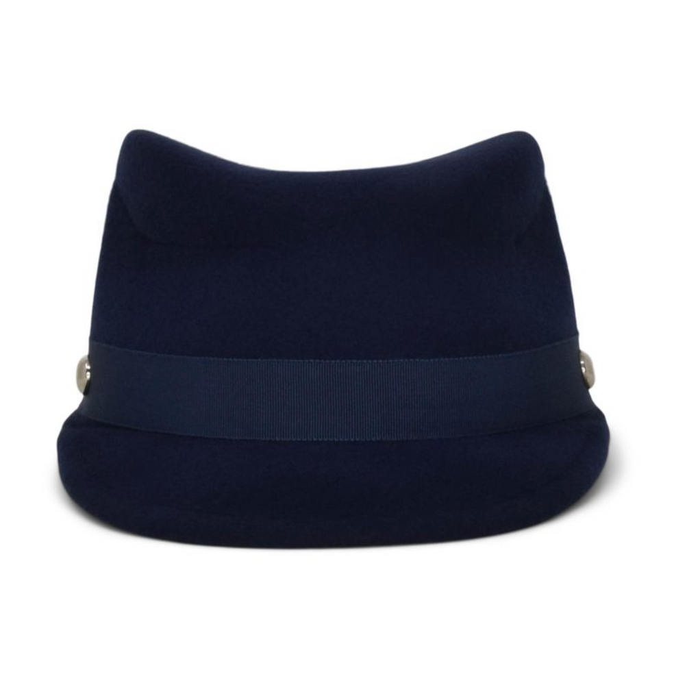 Navy blue hat with a band on a white background