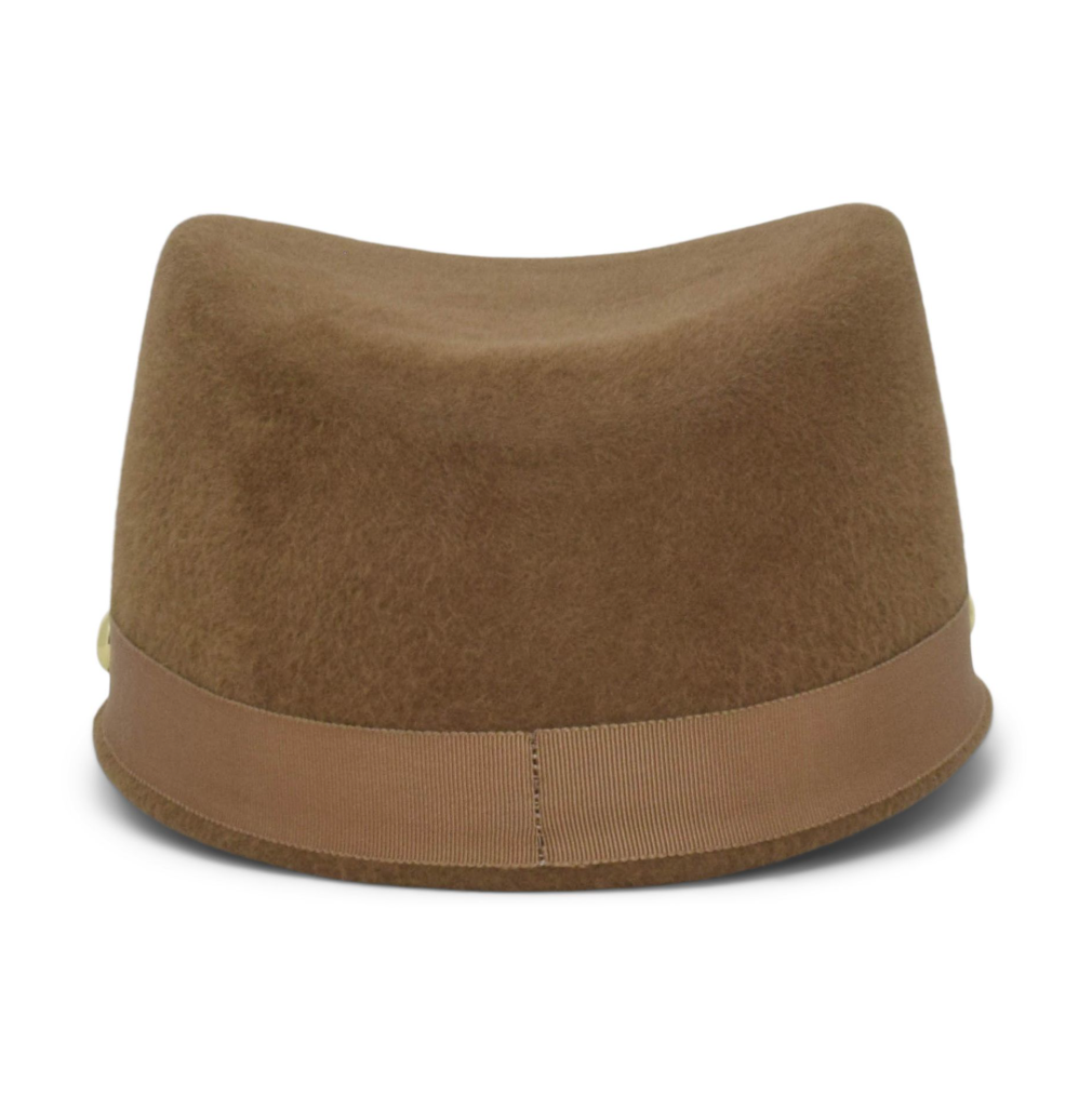 Brown felt hat with a band on a white background