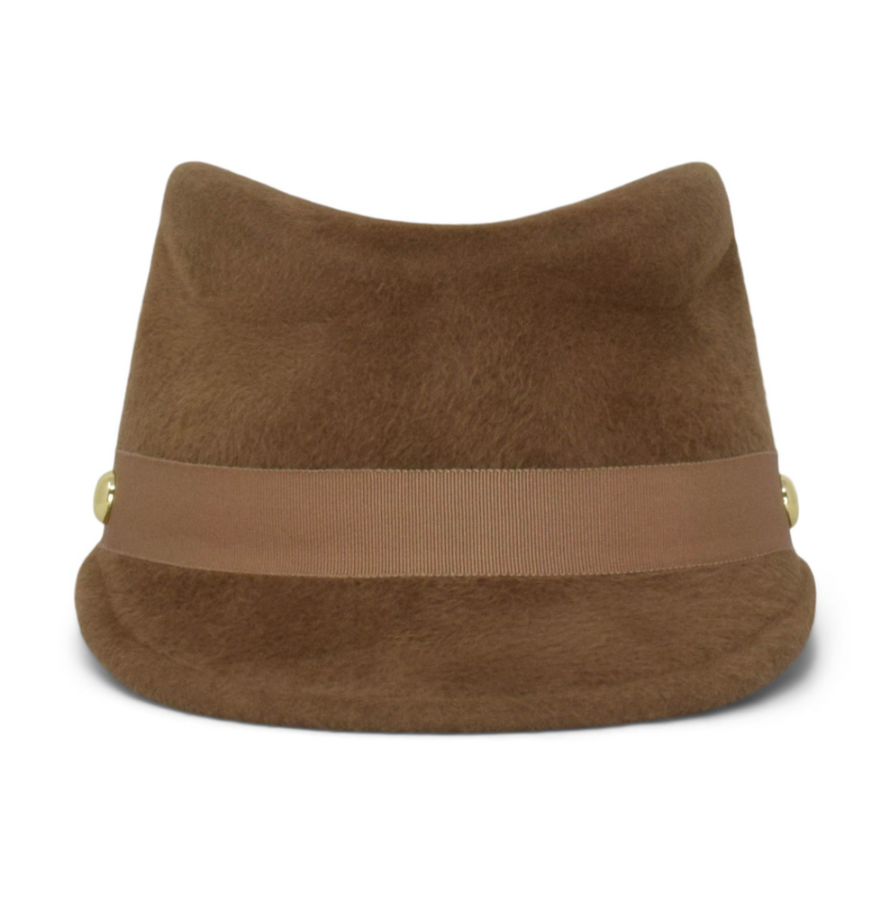 Brown felt hat with a ribbon on a white background