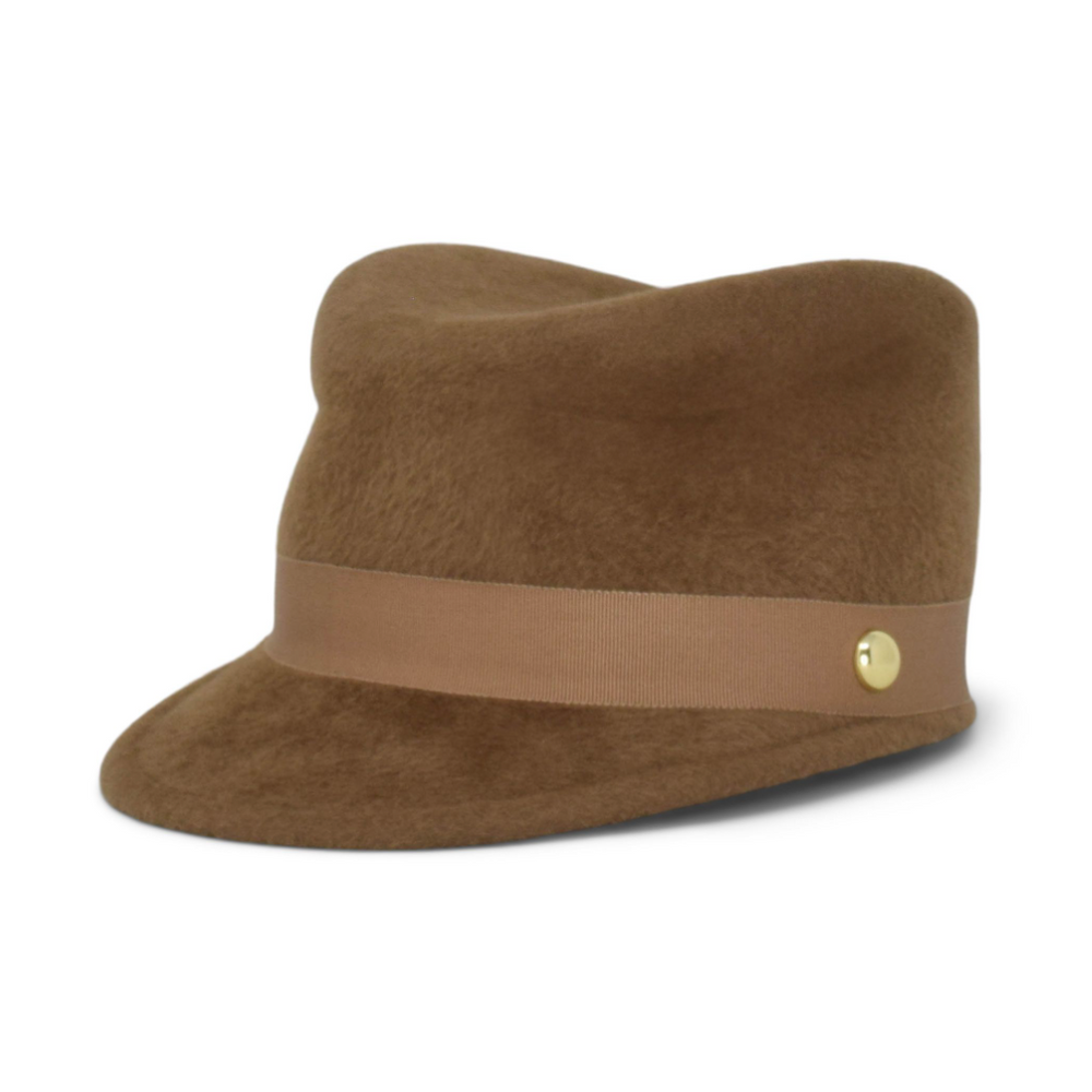 Brown fedora hat with a band and button on a white background