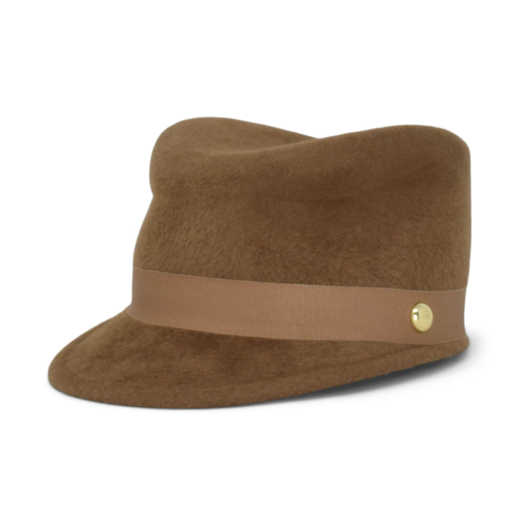 Brown fedora hat with a band and button on a white background