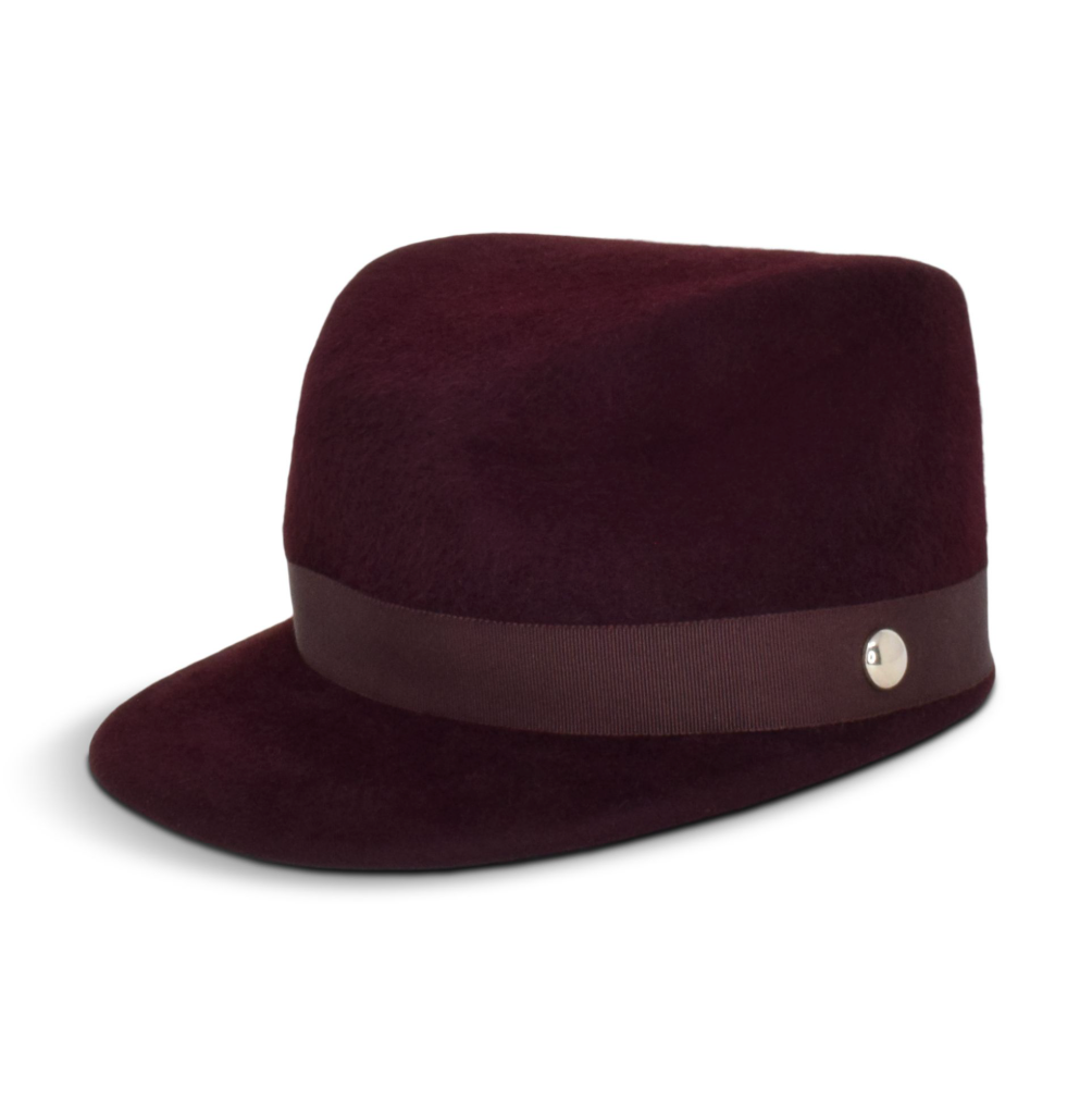 Brown fedora hat with a band on a white background