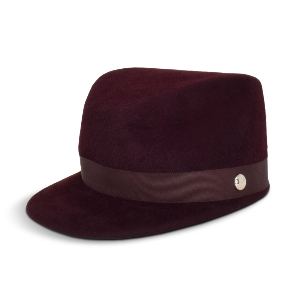 Dark brown fedora hat with a band on a white background