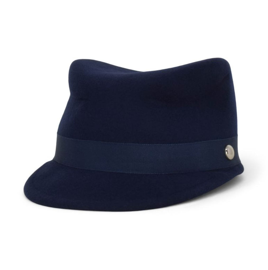 Navy blue hat with a band and button on a white background