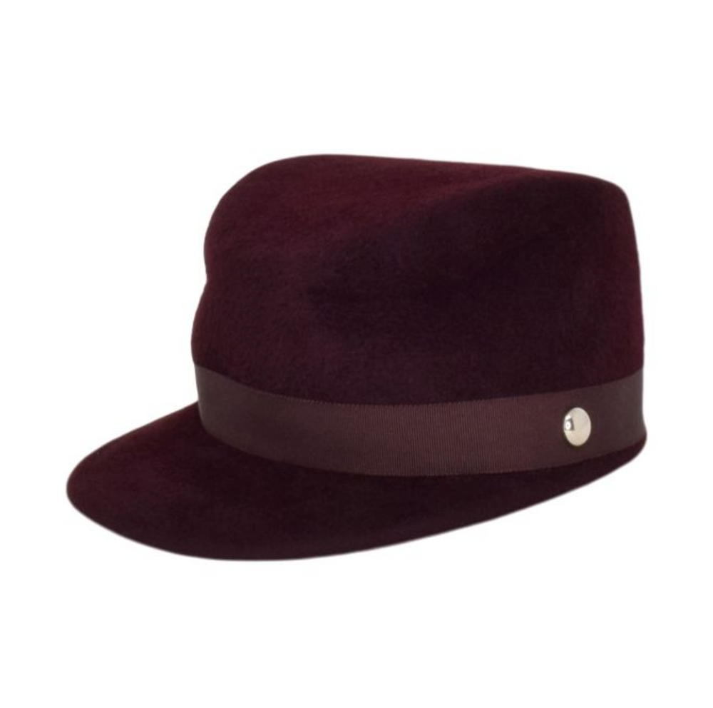 Maroon fedora hat with a band and button on a white background