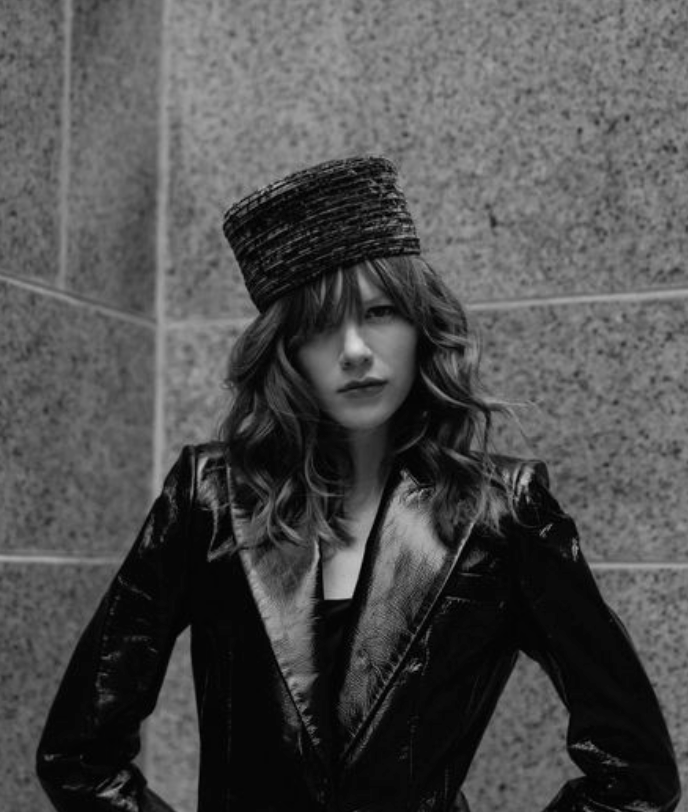 Ladylike pillbox hat, crushed velvet black on model