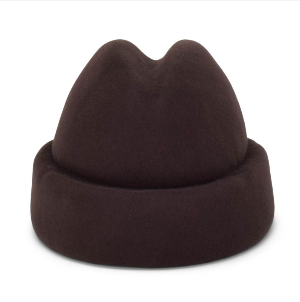 Brown beanie hat with a unique shape on a white background