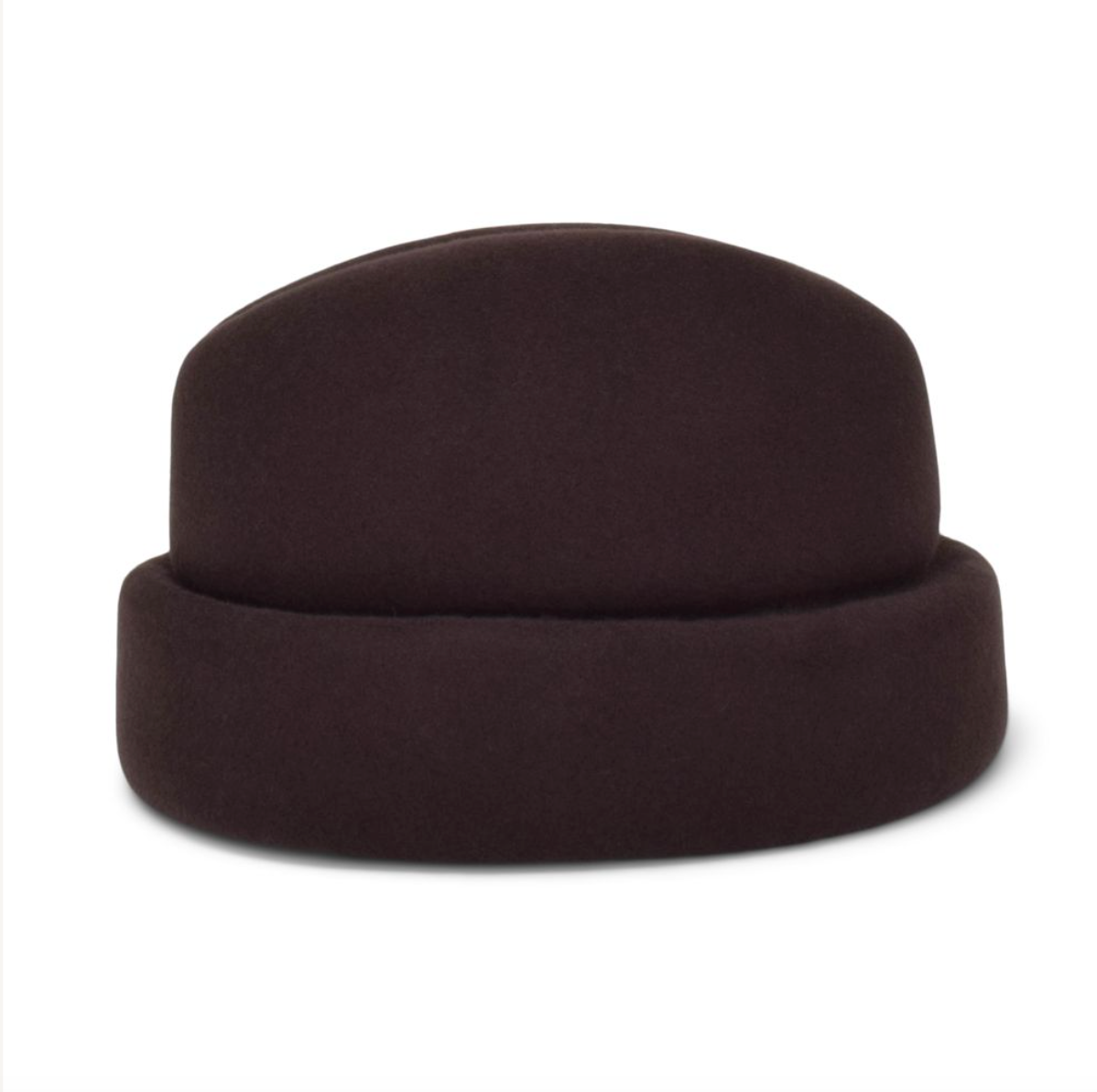 Dark brown beanie hat on a white background