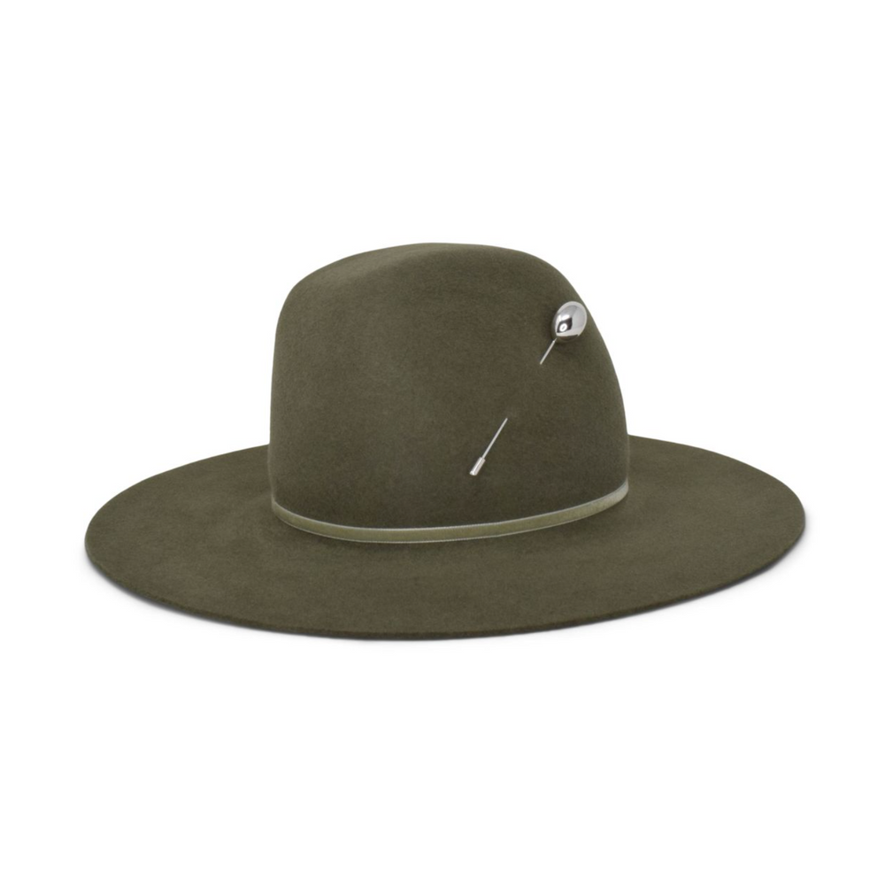 Sage hat with a decorative pin