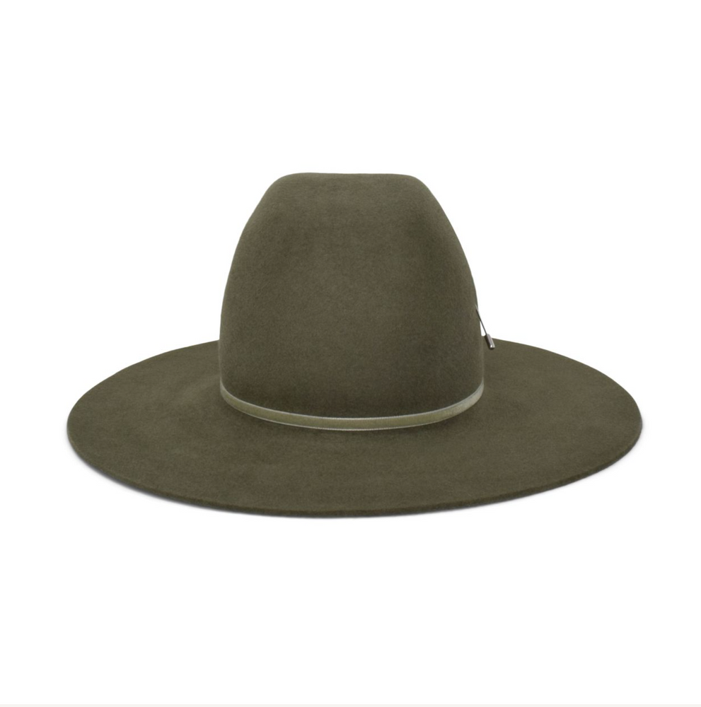 Green felt hat with a wide brim on a white background