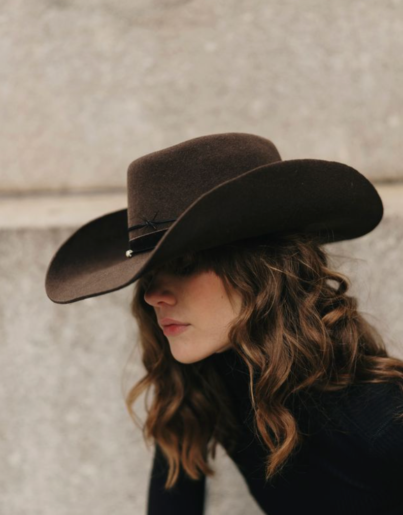Person wearing a wide-brimmed brown hat against a neutral background