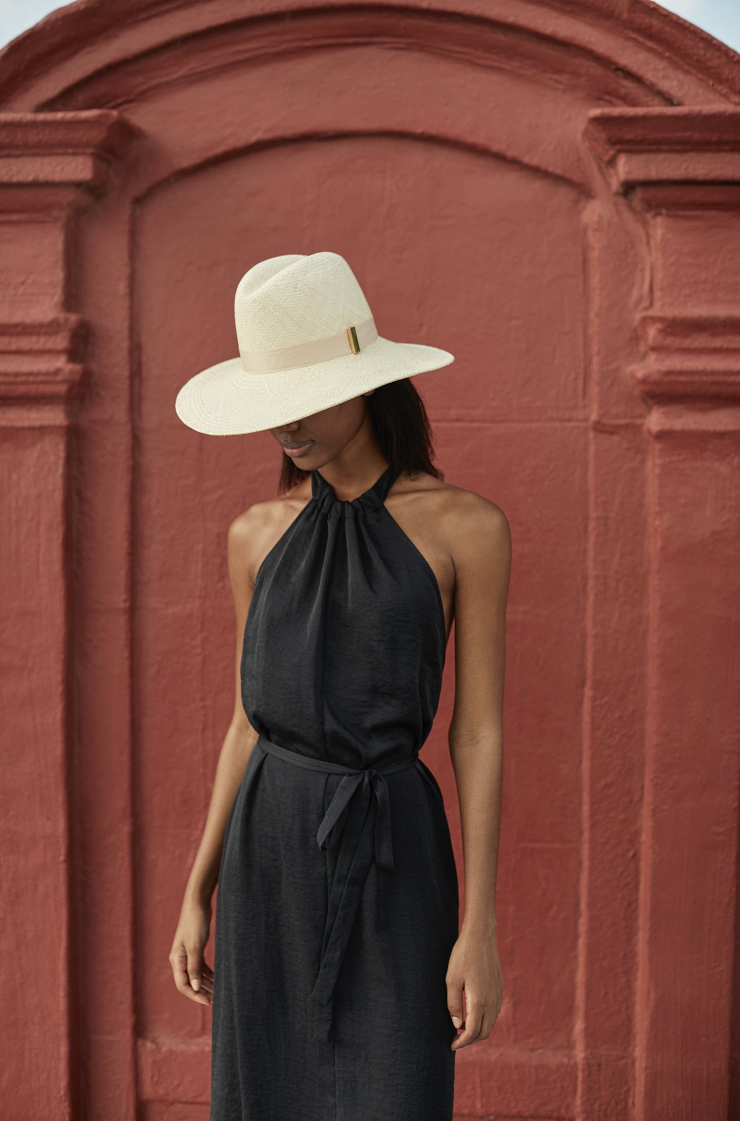 wide brim, signature hat, timeless accessory, chic hat, wide brim, strap detailing hat, evening dressing