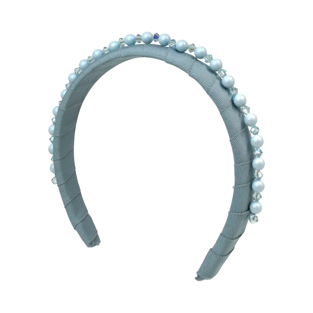 Gigi Burris Clementine Powder Blue Headband Padded Cotton Grosgrain Embellished Swarovski Coated Pearls Crystal Beads Bridal